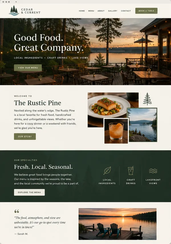 Concept homepage design for a lakeside restaurant